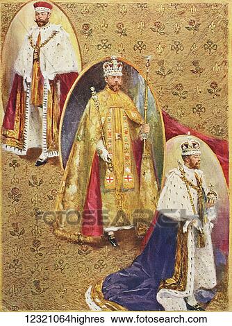 Stock Photograph - King George V in the three robes worn at the Coronation ceremony in Westminster Abbey. From top The Royal Crimson Robe of State, The Golden Imperial Mantle and the Royal Robe of Purple Velvet. George V, George Frederick Ernest Albert, 1865 to 1936..... Fotosearch