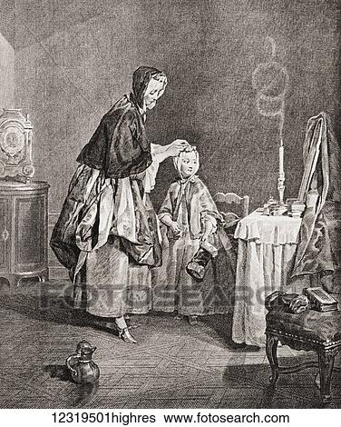 Stock Photograph - La Neglig ou Toilette du Matin, after the painting by Jean Simon Chardin. From The Con0isseur Illustrated, publushed 1916.. Fotosearch