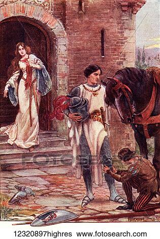 Stock Photograph - Lancelot and Elaine. Coloured illustration from the book The Gateway to Tennyson published 1910.. Fotosearch