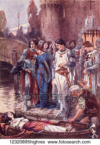 Stock Photograph - Lancelot looks at the dead Lady of Shalott on her arrival at Camelot. Coloured illustration from the book The Gateway to Tennyson published 1910.. Fotosearch