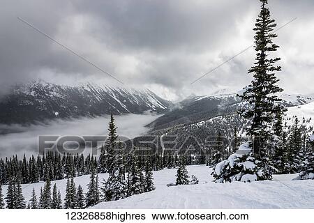 Stock Photograph - Landscape of the snow covered mountains and forests of the Canadian Rockies under a cloudy sky; Whistler, British Columbia, Canada. Fotosearch