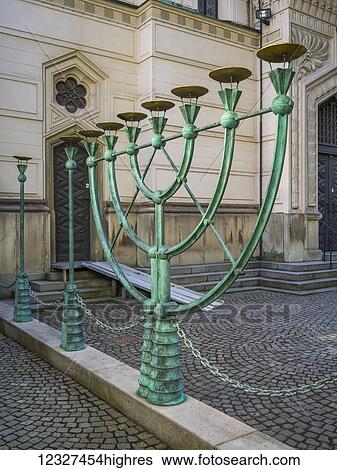 Large green menorah outside the Great Synagogue of Stockholm; Stockholm, Sweden View Large Photo Image Stock Photograph - Large green menorah outside the Great Synagogue of Stockholm; Stockholm, Sweden. Fotosearch