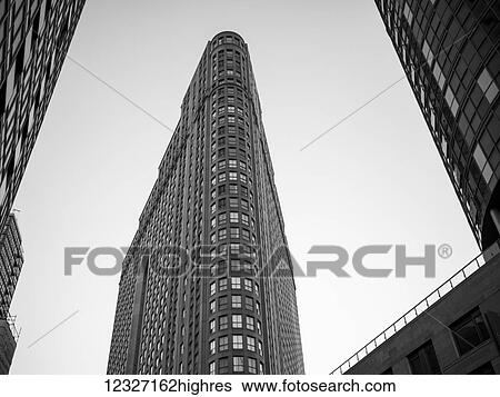 Stock Photograph - Low angle view of condominium buildings in black and white; Toronto, Ontario, Canada. Fotosearch