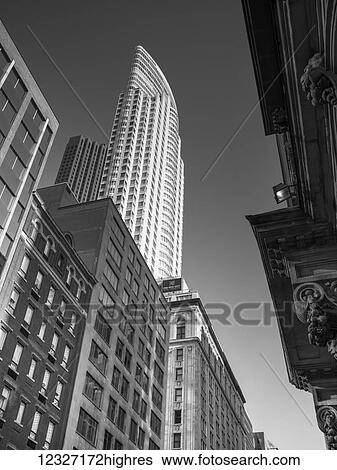 Low angle view of old and new buildings and skyscrapers in black and white; Toronto, Ontario, Canada View Large Photo Image Stock Photograph - Low angle view of old and new buildings and skyscrapers in black and white; Toronto, Ontario, Canada. Fotosearch