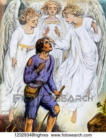 Magic lantern hand coloured slide circa 1900. A Pilgrims Progress by John Bunyan. Christians burden is lost angels blessing View Large Photo Image Stock Photograph - Magic lantern hand coloured slide circa 1900. A Pilgrims Progress by John Bunyan. Christians burden is lost angels blessing. Fotosearch