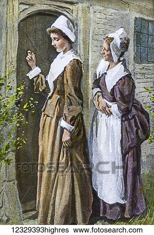 Stock Photograph - Magic lantern hand coloured slide circa 1900. A Pilgrims Progress by John Bunyan. Mercy and Timorous call on Christiana. Illustration for Pilgrim's Progress by John Bunyan. Fotosearch