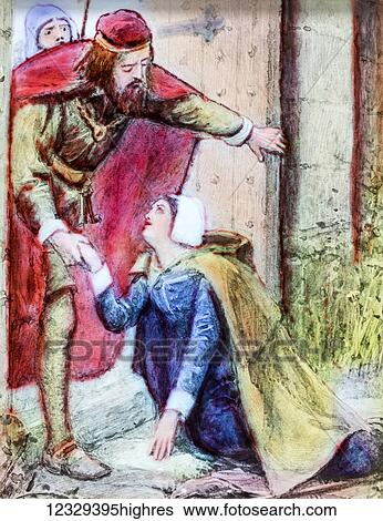 Stock Photograph - Magic lantern hand coloured slide circa 1900. A Pilgrims Progress by John Bunyan. Mercy at the Wicket-gate. Illustration for Pilgrim's Progress by John Bunyan. Historic lady on knees looking for help with kind man holding her hand and helping. Fotosearch
