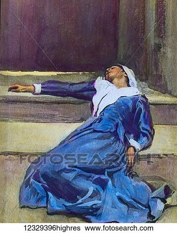 Stock Photograph - Magic lantern hand coloured slide circa 1900. A Pilgrims Progress by John Bunyan. Mercy at the Wicket gate. Fotosearch