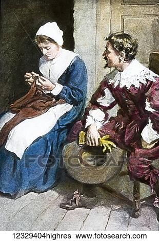 Stock Photograph - Magic lantern hand coloured slide circa 1900. A Pilgrims Progress by John Bunyan. Mr Brisk and Mercy. Mercy sowing Mr Brisk with hat and gloves in hand. Fotosearch