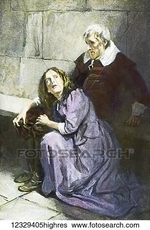 Stock Photograph - Magic lantern hand coloured slide circa 1900. A Pilgrims Progress by John Bunyan. Mr Despondancy and his daughter Much afraid. Fotosearch