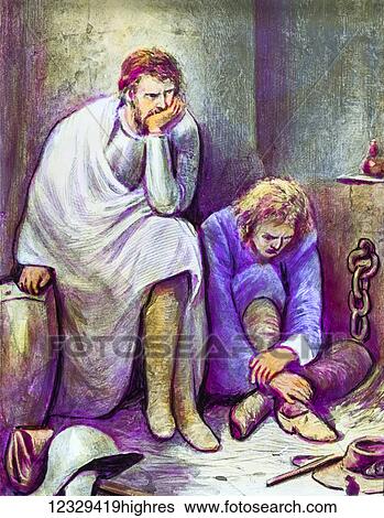 Stock Photograph - Magic lantern hand coloured slide circa 1900. A Pilgrims Progress by John Bunyan. Pilgrims in doubting castle. Fotosearch