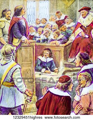 Stock Photograph - Magic lantern hand coloured slide circa 1900. A Pilgrims Progress by John Bunyan. The Trial of Christian and Faithful. Fotosearch