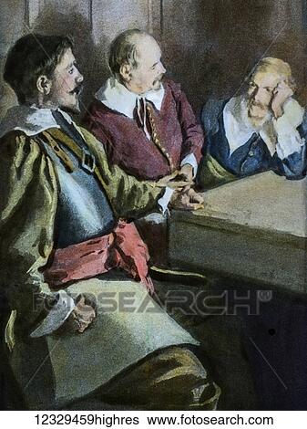 Stock Photograph - Magic lantern hand coloured slide circa 1900. A Pilgrims Progress by John Bunyan. Great Heart and Mr Honest at Gaius house. Fotosearch
