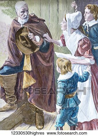 Stock Photograph - Magic lantern hand coloured slide circa 1900. A Pilgrims Progress by John Bunyan. man leaving house, ladies and children holding arm and saying goodbye. Man clutching hat. Fotosearch