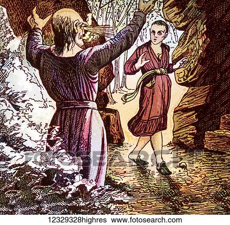 Stock Photograph - Magic Lantern slide circa 1900 hand coloured. Aladdin and the Genie after rubbing the lamp. Torch eyes. Fotosearch