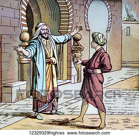 Stock Photograph - Magic Lantern slide circa 1900 hand coloured. m Aladdin meets the magician. Fotosearch