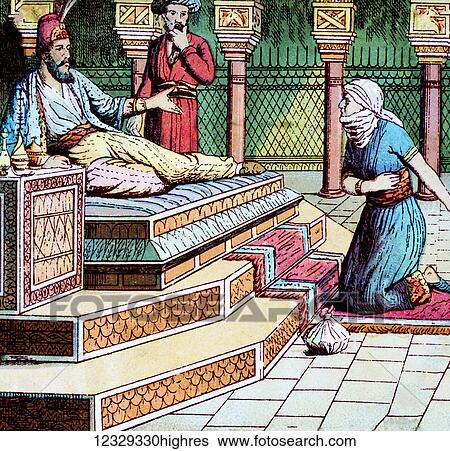 Stock Photograph - Magic Lantern slide circa 1900 hand coloured. Aladdins mother asks the king for the hand of the Princess. Fotosearch