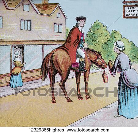 Stock Photograph - Magic Lantern slide circa 1900 hand coloured. John Gilpin coloured illustration. John Gilpin (18th century) was featured as the subject in a well-known comic ballad of 1782 by William Cowper, entitled The Diverting History of John Gilpin. Cowper had.... Fotosearch