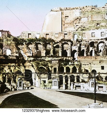 Stock Photograph - Magic Lantern slide circa 1900 hand coloured. Interios of Colossium Rome hand painted. Fotosearch