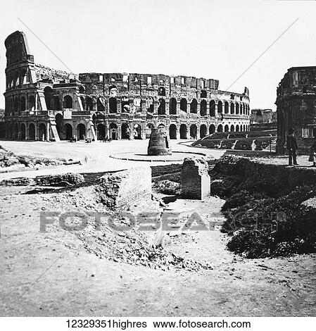 Stock Photograph - Magic lantern slide circa 1900. Victorian. Colosseum, Rome, Italy, circa 1900. Black and white photograph. Fotosearch