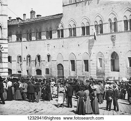 Stock Photograph - Magic lantern slide circa 1900. Victorian. Victorian crown gathered outside a church or public building in Italy.. Fotosearch