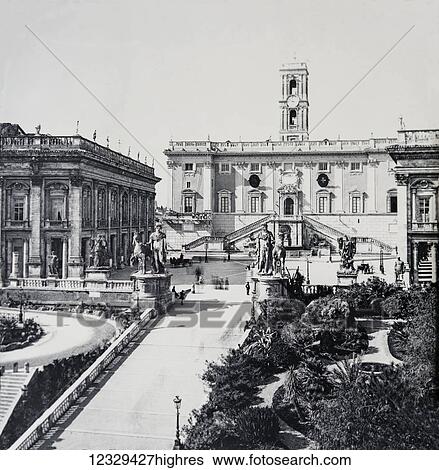 Stock Photograph - Magic lantern slide circa 1900. Victorian. Palazzo Senatorio, statues of Castor and Pollux. Fotosearch