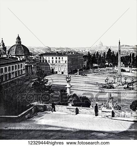 Stock Photograph - Magic lantern slide circa 1900. Victorian. The Flaminio Obelisk is one of the thirteen ancient obelisks in Rome, Italy. It is located in the Piazza del Popolo. It is 24 m (67 ft) high and with the base and the cross reaches 36. 50 m (100 ft). ]It was.... Fotosearch