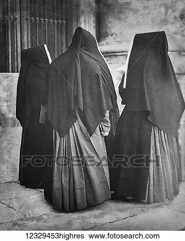 Stock Photograph - Magic lantern slide circa 1900. Victorian. Three Nuns. Fotosearch