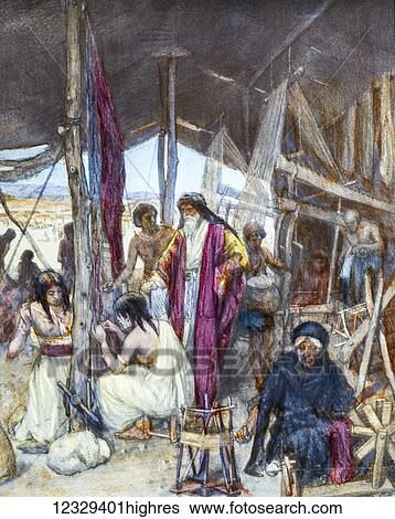 Stock Photograph - Magic Lantern Slide hand coloured Circa 1900, Moses inspecting the weaving and embroidering of the hangings of the Tabernacle Exodus 39: 42-43. Fotosearch