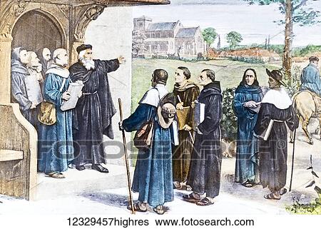 Magic Lantern Slide, hand coloured circa 1900, Wycliffe sending forth preachers carrying bibles on path outside church. View Large Photo Image Stock Photograph - Magic Lantern Slide, hand coloured circa 1900, Wycliffe sending forth preachers carrying bibles on path outside church.. Fotosearch