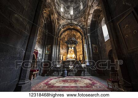 Stock Photograph - Main altar of the Church of the Holy Mother of God at Geghard Monastery, Azat Valley; Kotayk, Armenia. Fotosearch