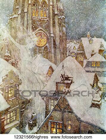 Many a winter's night she flies through the streets and peeps in at the windows, and then the ice freezes on the panes into wonderful patterns like flowers. Illustration by Edmund Dulac for The Snow Queen. From Stories from Hans Andersen, published 1938. View Large Photo Image Stock Photograph - Many a winter's night she flies through the streets and peeps in at the windows, and then the ice freezes on the panes into wonderful patterns like flowers. Illustration by Edmund Dulac for The Snow Queen. From Stories from Hans Andersen, published 1938.. Fotosearch