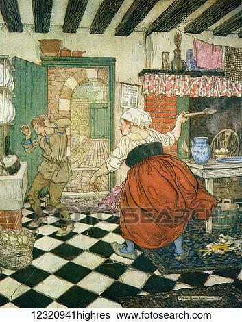 Stock Photograph - Manys the beating he had from the broomstick or ladle. Illustration to Dick Whittington and his cat. From the book English Fairy Tales retold by F. A. Steel with illustrations by Arthur Rackham, published 1927.. Fotosearch