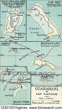 Stock Photograph - Map of Guanahani or San Salvador showing Watling Island where Christopher Columbus made landfall in 1492. From the book Life of Christopher Columbus by Clements R. Markham published 1892.. Fotosearch