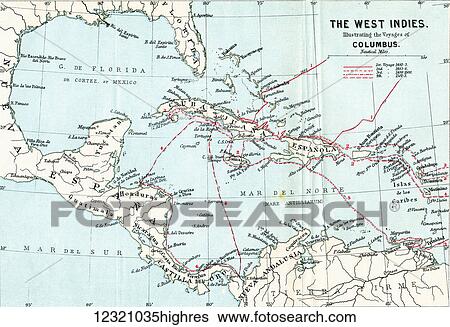 Stock Photograph - Map of the West Indies illustrating the voyages of Christopher Columbus. From the book Life of Christopher Columbus by Clements R. Markham published 1892.. Fotosearch