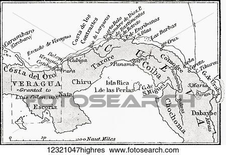 Stock Photograph - Map of Veragua showing coastline explored by Christopher Columbus on his fourth voyage, in 1502. From the book Life of Christopher Columbus by Clements R. Markham published 1892.. Fotosearch