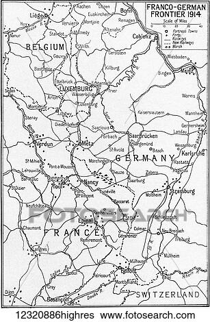 Stock Photograph - Map showing the Franco-German Frontier in 1914. From the magazine Twenty Years After The Battlefields of 1914-1918 Then and Now by Sir Ernest Swinton published 1938.. Fotosearch