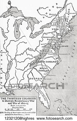 Map showing the Thirteen Colonies, to illustrate the Revolutionary War ...