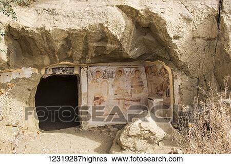 Stock Photograph - Medieval frescoes in a cave of the David Gareja monastery complex; Kakheti, Georgia. Fotosearch