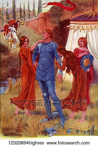 Stock Photograph - Medieval Knight, Morning Star being readied for Battle. Coloured illustration from the story of Gareth and Lynette from the book The Gateway to Tennyson published 1910.. Fotosearch