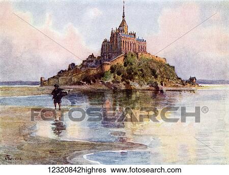 Mont Saint Michel at High Tide, Normandy, France. Colour illustration from the book France by Gordon Home published 1918 View Large Photo Image Stock Photograph - Mont Saint Michel at High Tide, Normandy, France. Colour illustration from the book France by Gordon Home published 1918. Fotosearch