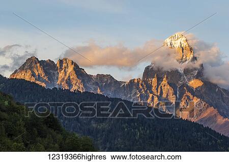Stock Photograph - Mount Ushba, Caucasus Mountains, Zemo Svaneti National Park; Samegrelo-Zemo Svaneti, Georgia. Fotosearch