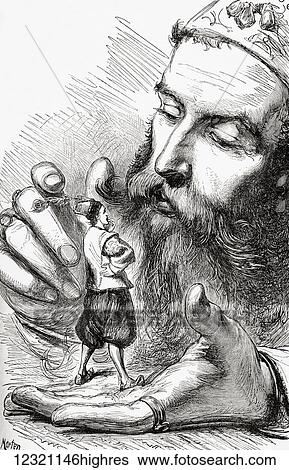 Stock Photograph - My little friend Grildrig, you have made a most admirable panegyric upon your country. The king of Brobdingnag holding Gulliver in the palm of his hand. Illustration from Gullivers Travels published c. 1875. Fotosearch