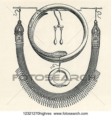 Stock Photograph - Necklace, ring, bracelet and earring from Pompeii, Italy. From Italian Pictures by Rev. Samuel Manning, published c. 1890.. Fotosearch