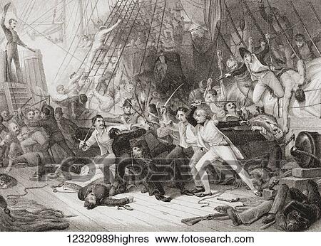 Stock Photograph - Nelson boarding the San Josef at the Battle of Cape St Vincent, Portugal February 1797. Horatio Nelson, Lord Nelson, Viscount Nelson, 1st Duke of Bront, 1758 - 1805. British naval commander. From English and Scottish History, published 1882.. Fotosearch