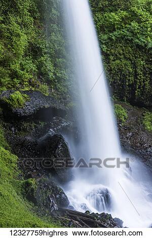 Stock Photograph - North Falls pounds the rocks at Silver Falls State Park; Silverton, Oregon, United States of America. Fotosearch