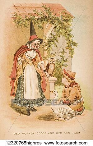 Stock Photograph - Old mother goose and her son Jack from Old Mother Goose's Rhymes and Tales Illustration by Constance Haslewood Published by Frederick Warne & Co London and New York circa 1890s Chromolithography by Emrik & Binger of Holland. Fotosearch