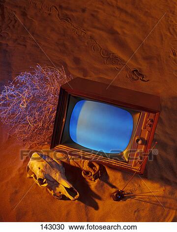 Stock Image - Old TV set on sand with skull dry bush and snakes. Fotosearch