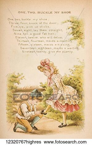Stock Photograph - One Two Buckle My Shoe from Old Mother Goose's Rhymes and Tales Illustration by Constance Haslewood. Published by Frederick Warne & Co London and New York circa 1890s. Chromolithography by Emrik & Binger of Holland. Fotosearch