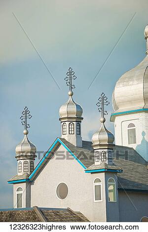 Stock Photograph - Orthodox church steeples; St. Paul, Alberta, Canada. Fotosearch